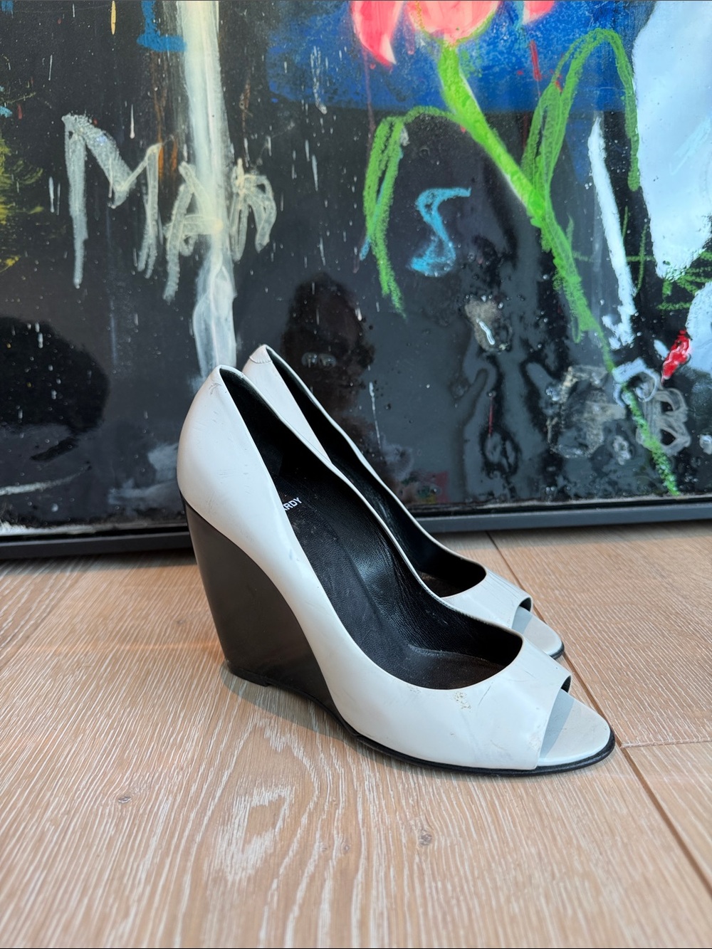 Pierre Hardy White and Black Peep-Toe Wedge Pumps